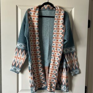 Women's Blue and Orange Patterned Sweater